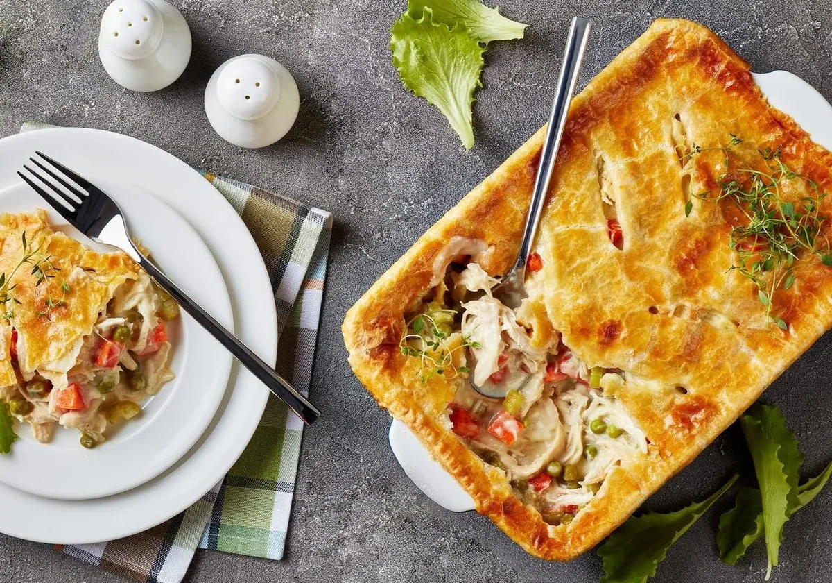 A chicken casserole under a pastry crust, with one serving on a plate